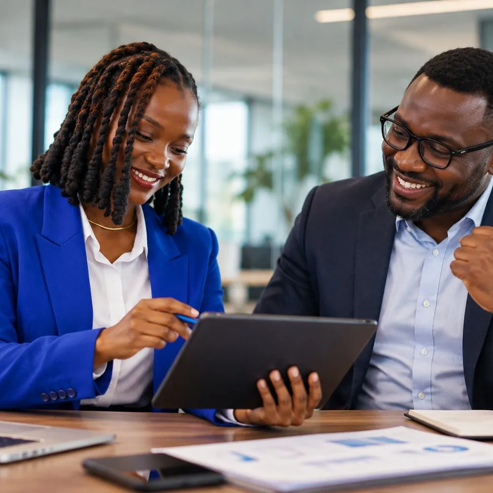 Two colleagues smiling as they review a plan together on a tablet